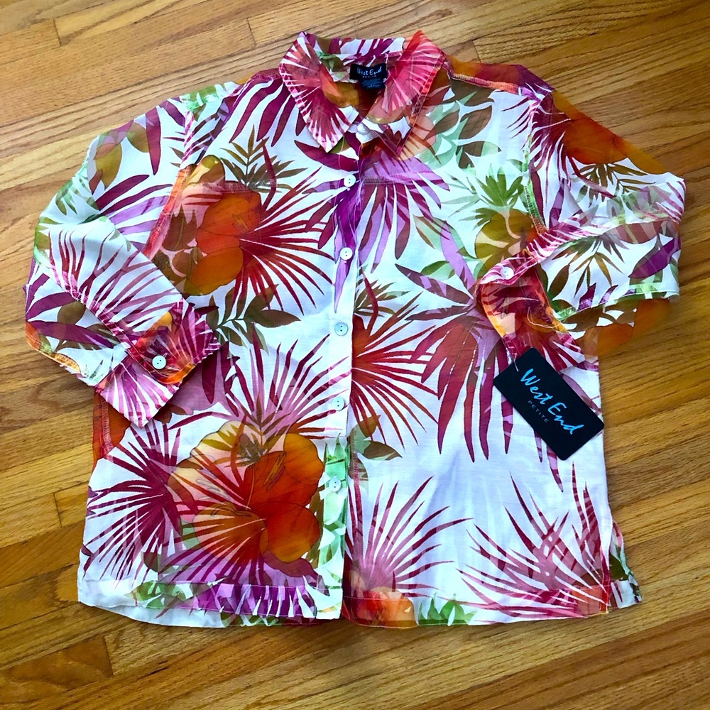 Women's Sheer Tropical Print Button-Up Shirt White with Multi Floral
